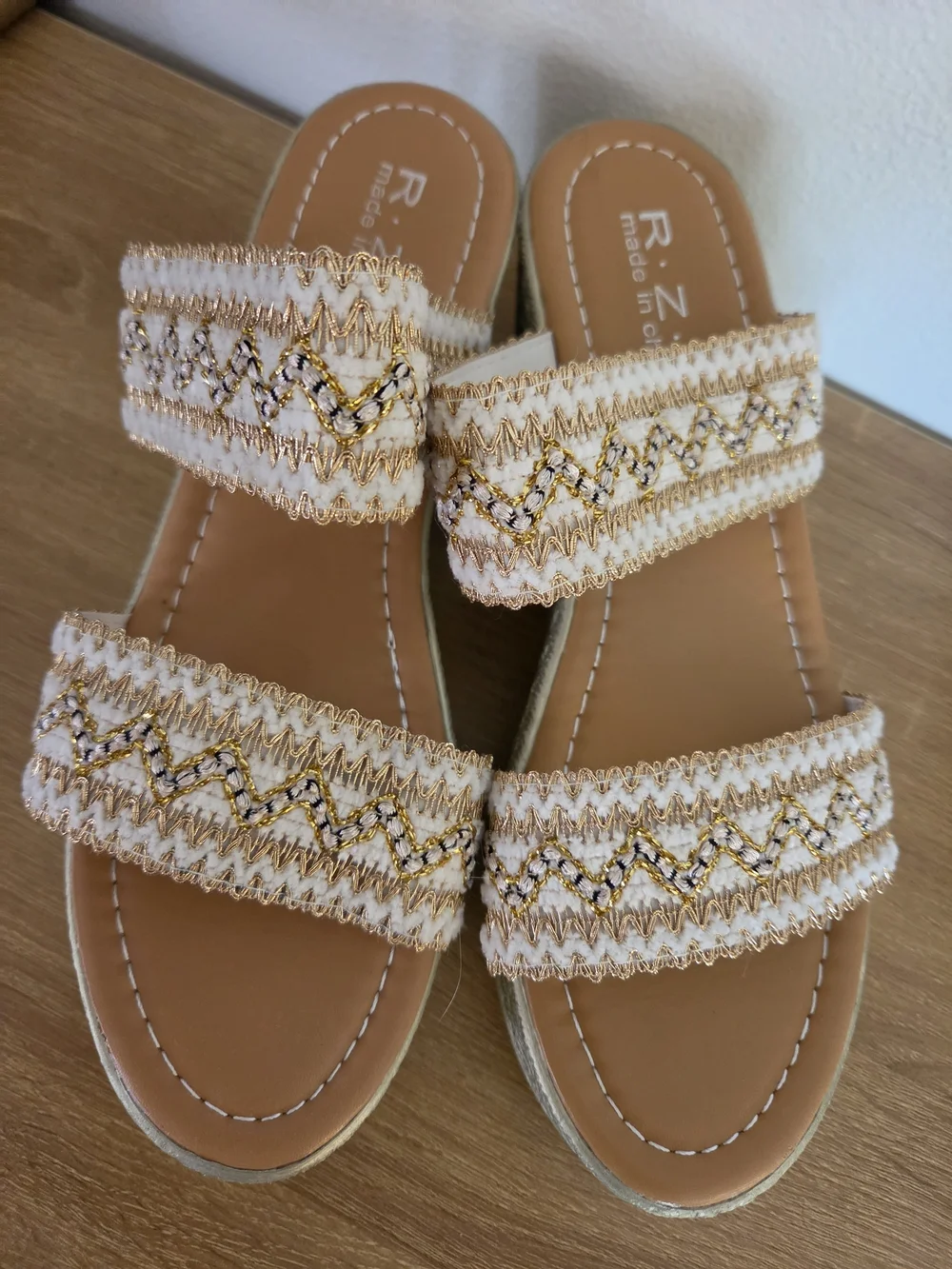 Neutral Embellished Espadrille Wedge Slides